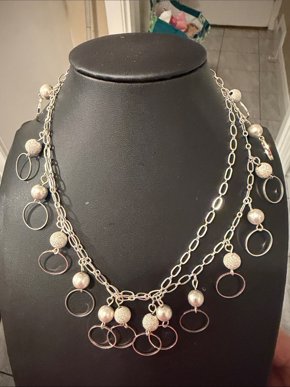 silver frosted bead lightweight 28”Dangle Circle Necklace worn single or double